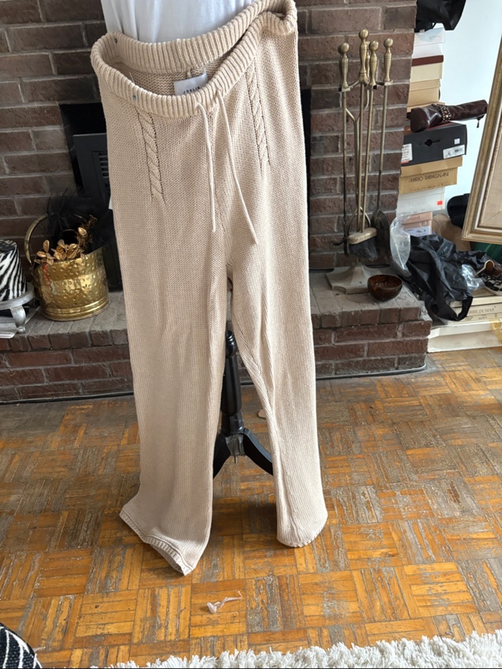 Knit Wide-Leg Drawstring Trousers in Beige